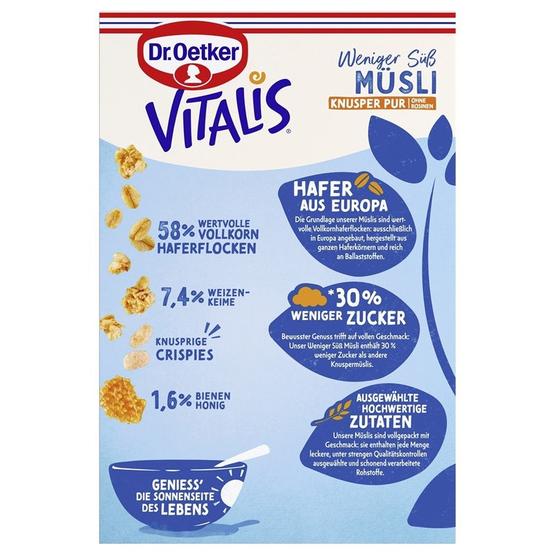 DR. OETKER VITALIS WENIGER SUESS KNUSPER PUR MUESLI 1.5KG